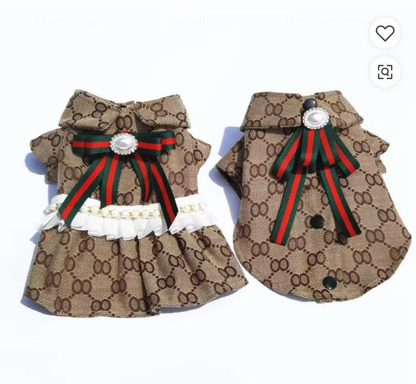 Signature Beige DesignerβInspired Dress & Shirt Set β Boutique Pet Apparel